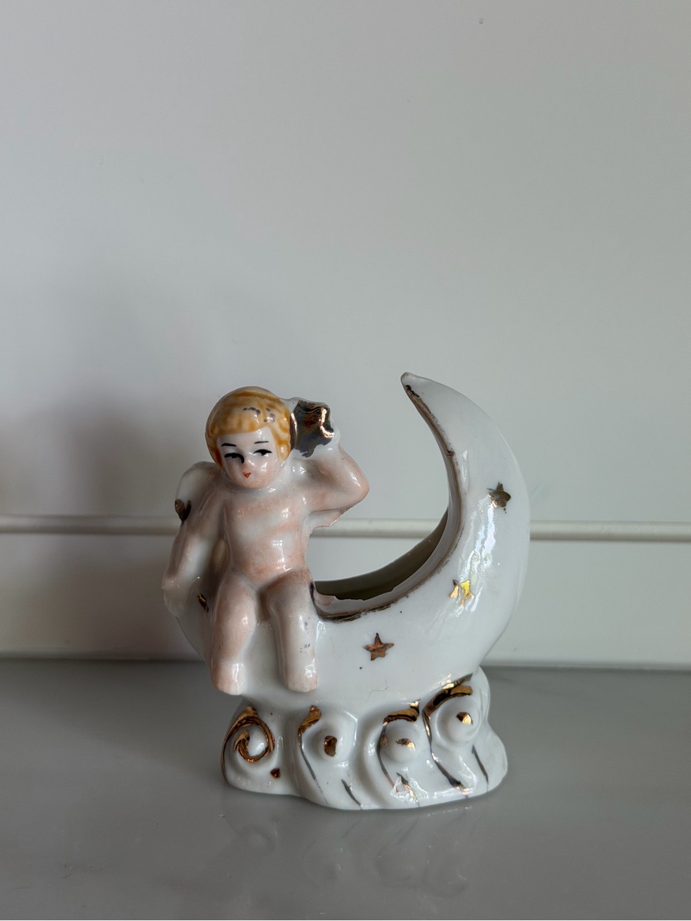 Vintage 1930’s Ceramic Celestial Cherub Angel Moon Bud Vase: Made in Japan